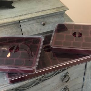 3 jewelry trays w plastic lids.